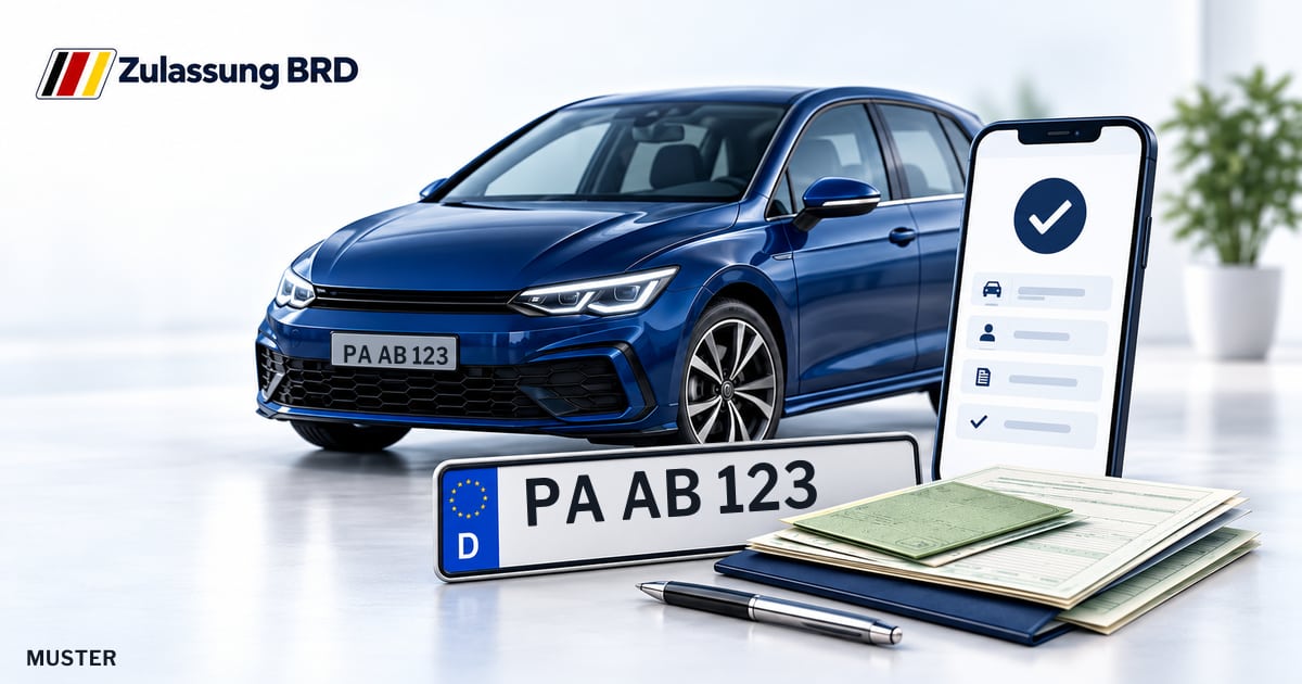 Online Fahrzeugzulassung in Vilshofen: Musterkennzeichen PA AB 123, Auto und Fahrzeugpapiere und Smartphone. Illustration mit Logo von Zulassung BRD.